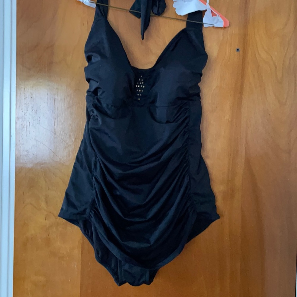 Black halter swimsuit with gold accent 3X